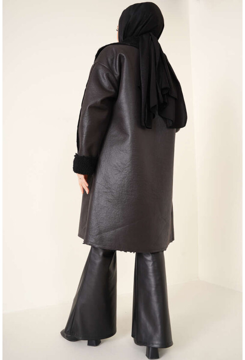 9102 Faux Fur Lined Long Leather Coat