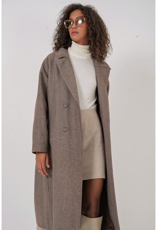 9113 Oversize Geniş Kesim Yünlü Uzun Kaşe Kaban