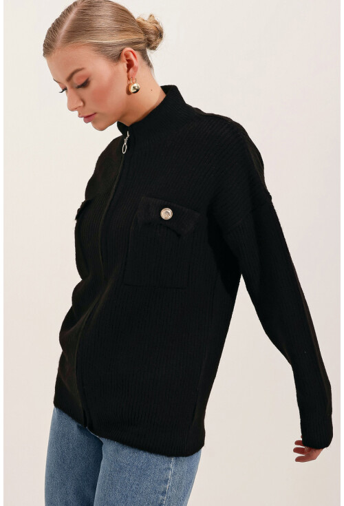 15862 Cep Detaylı Fermuarlı Triko Hırka