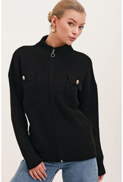 15862 Cep Detaylı Fermuarlı Triko Hırka