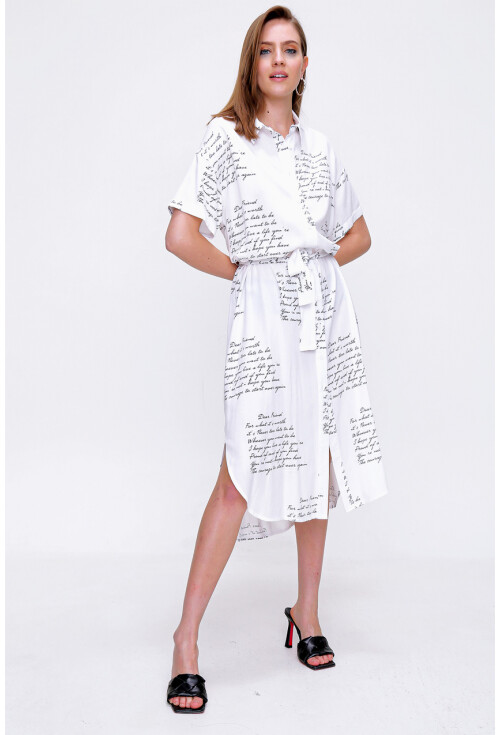 2196 Yazı Baskılı Oversize Elbise