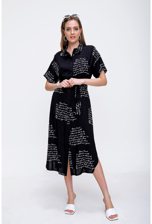 2196 Yazı Baskılı Oversize Elbise