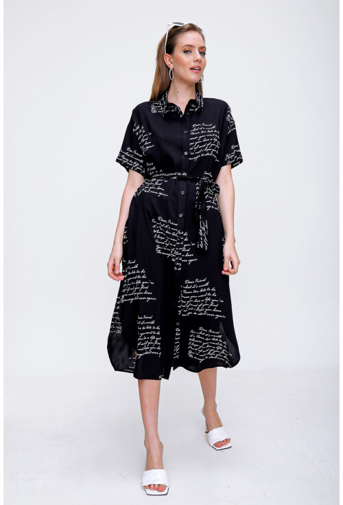 2196 Yazı Baskılı Oversize Elbise