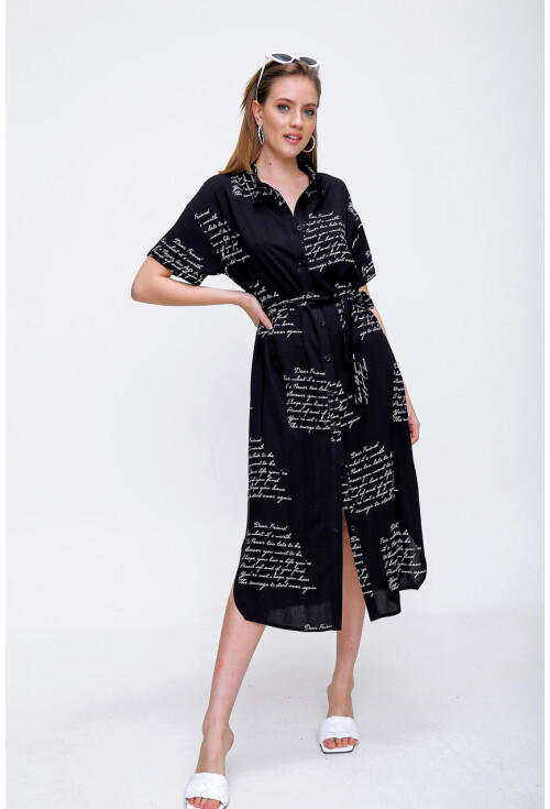 2196 Yazı Baskılı Oversize Elbise