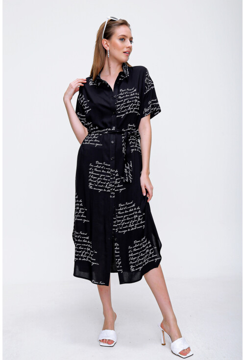 2196 Yazı Baskılı Oversize Elbise