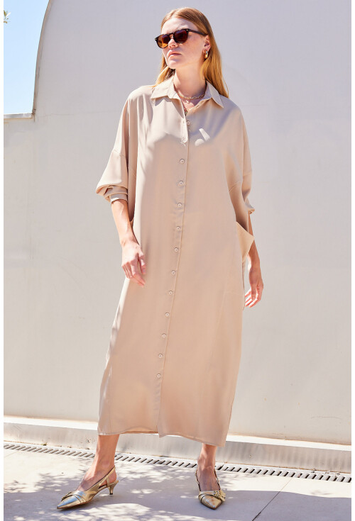 2486 Buttoned Oversized Long Shirt Dress