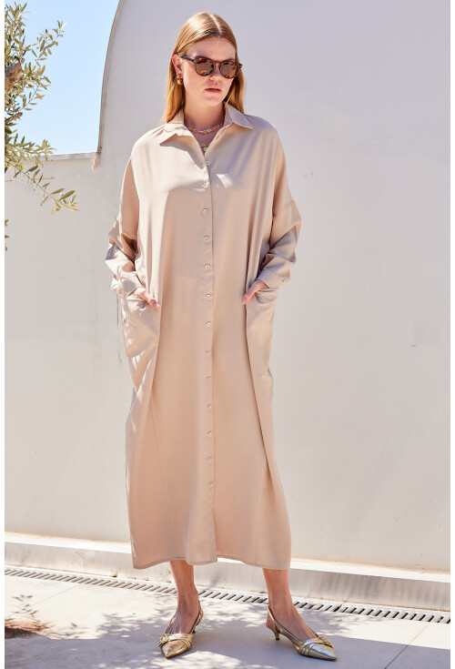 2486 Buttoned Oversized Long Shirt Dress