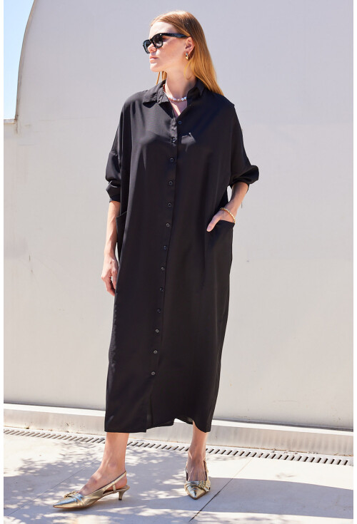 2486 Uzun Düğmeli Oversize Gömlek Elbise