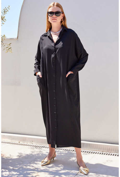 2486 Uzun Düğmeli Oversize Gömlek Elbise