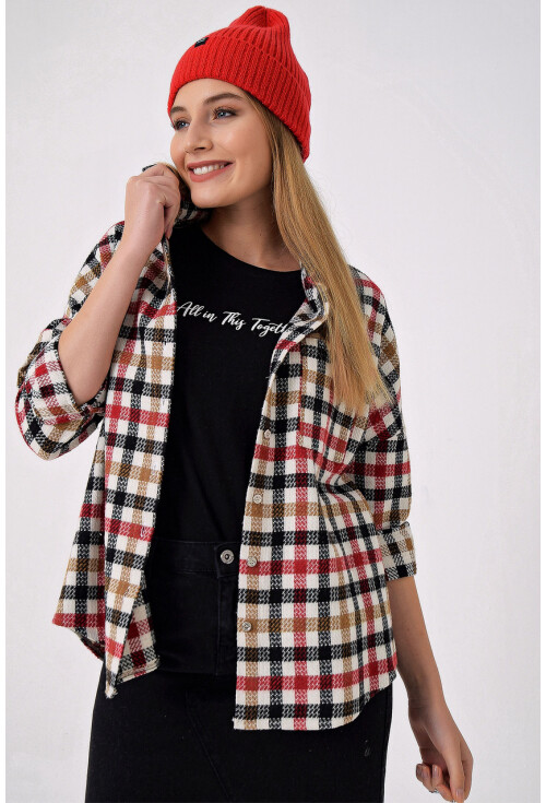 3858 Kareli Oversize İnce Kaşe Gömlek