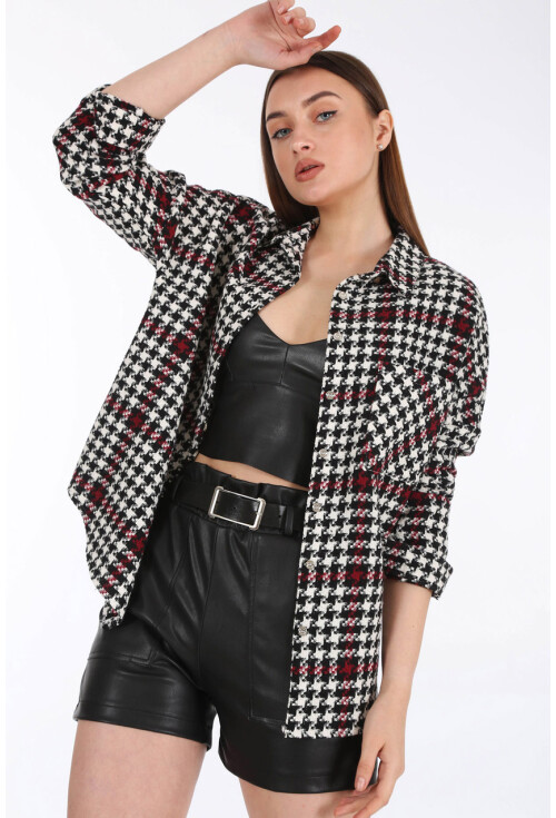 3858 Kareli Oversize İnce Kaşe Gömlek