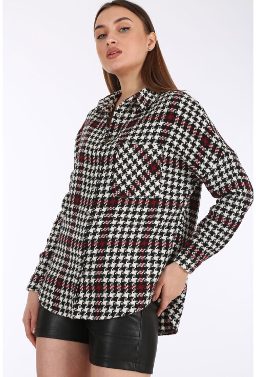 3858 Kareli Oversize İnce Kaşe Gömlek