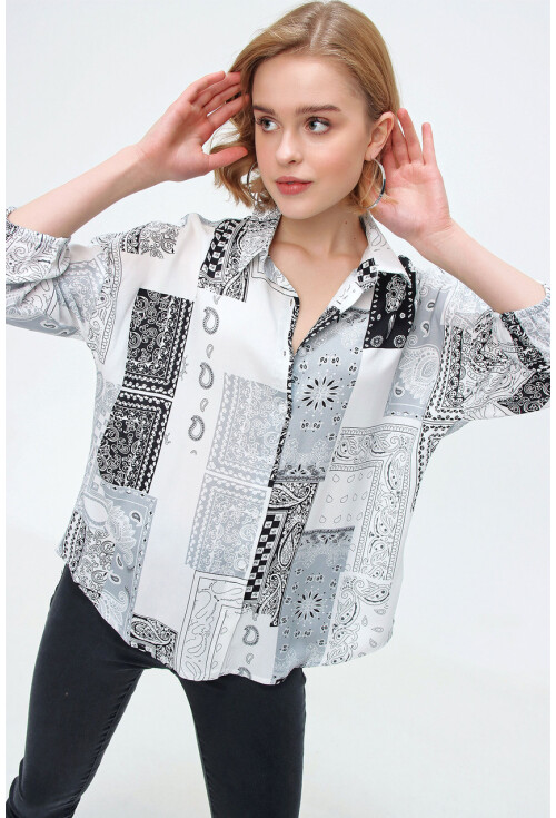 3870 Desenli Oversize Viskon Gömlek