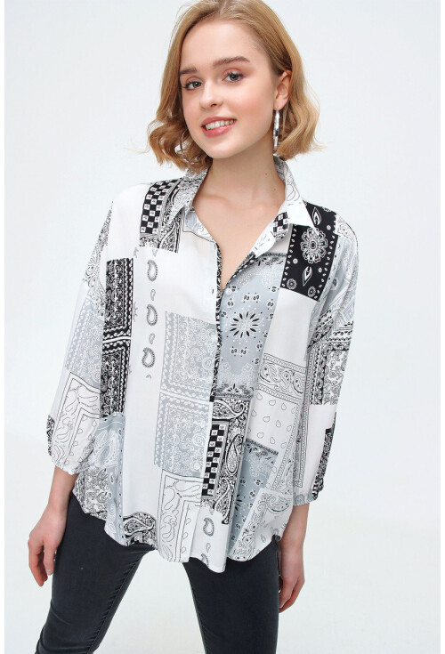 3870 Desenli Oversize Viskon Gömlek