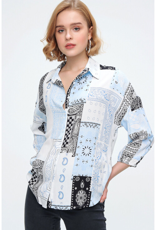3870 Desenli Oversize Viskon Gömlek