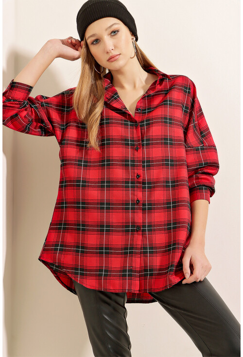 3984 Ekose Oversize Kırmızı Gömlek