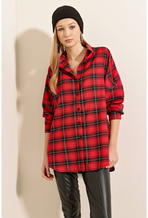 3984 Ekose Oversize Kırmızı Gömlek
