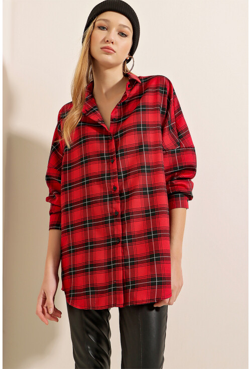 3984 Ekose Oversize Kırmızı Gömlek