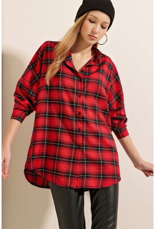3984 Ekose Oversize Kırmızı Gömlek