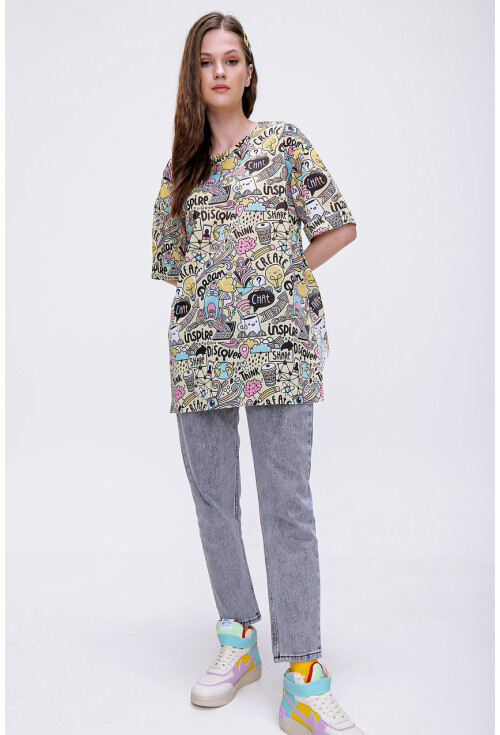 4124  Grafik Desen Oversize T-Shirt