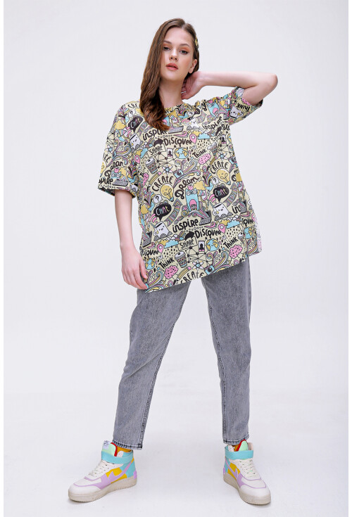 4124  Grafik Desen Oversize T-Shirt