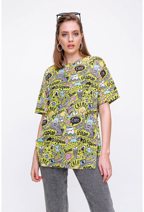 4124  Grafik Desen Oversize T-Shirt