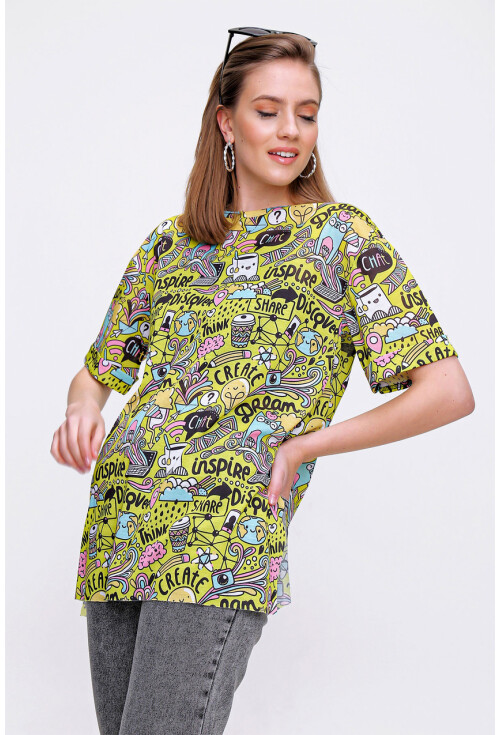 4124  Grafik Desen Oversize T-Shirt