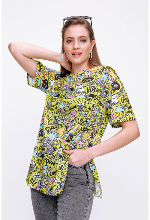 4124  Grafik Desen Oversize T-Shirt