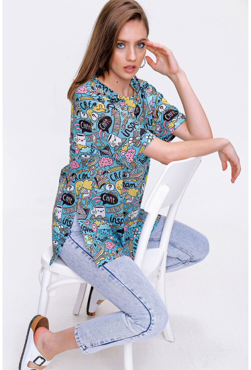 4124  Grafik Desen Oversize T-Shirt