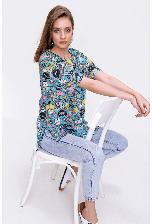 4124  Grafik Desen Oversize T-Shirt