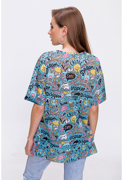 4124  Grafik Desen Oversize T-Shirt
