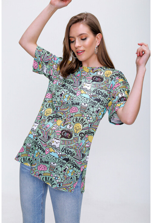 4124  Grafik Desen Oversize T-Shirt