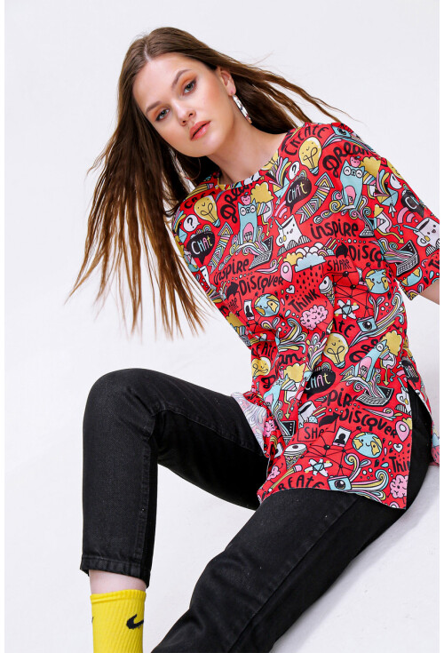 4124  Grafik Desen Oversize T-Shirt