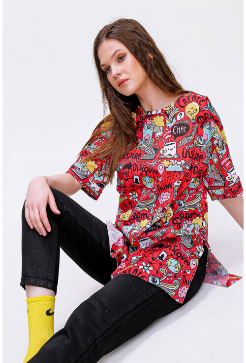 4124  Grafik Desen Oversize T-Shirt