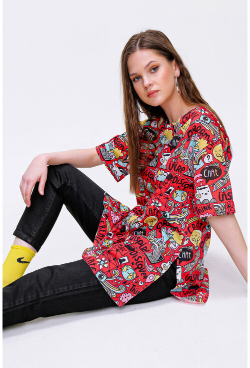 4124  Grafik Desen Oversize T-Shirt