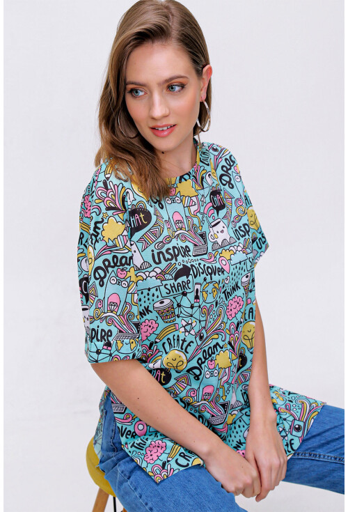 4124  Grafik Desen Oversize T-Shirt