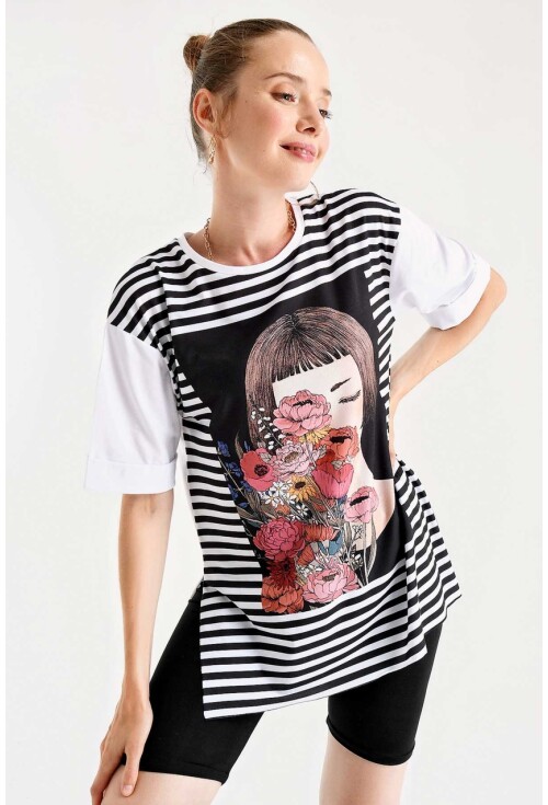 4159 Baskılı Yanı Yırmaçlı T-Shirt