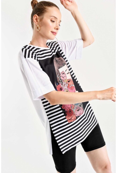 4159 Baskılı Yanı Yırmaçlı T-Shirt