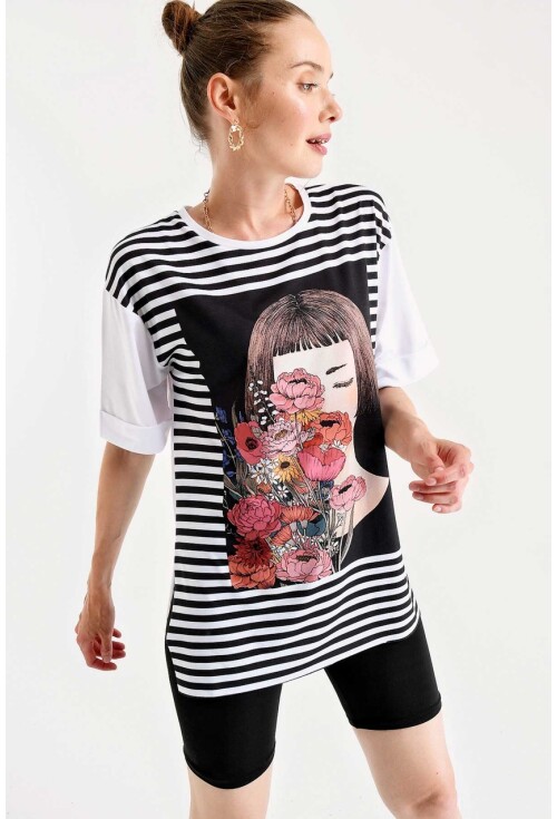 4159 Baskılı Yanı Yırmaçlı T-Shirt