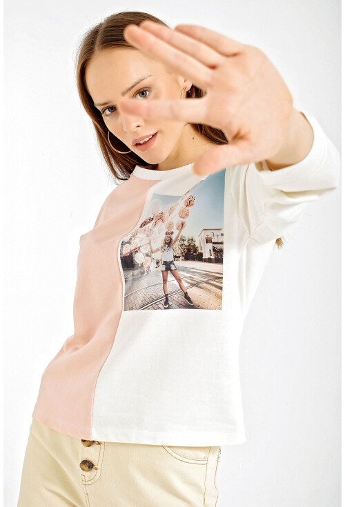 4206 Baskılı Blok Renkli Crop Sweatshirt