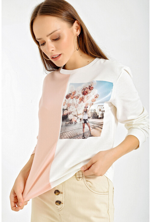 4206 Baskılı Blok Renkli Crop Sweatshirt