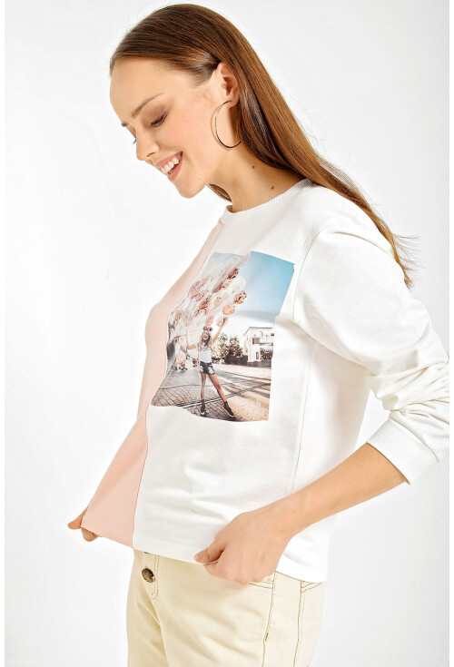 4206 Baskılı Blok Renkli Crop Sweatshirt