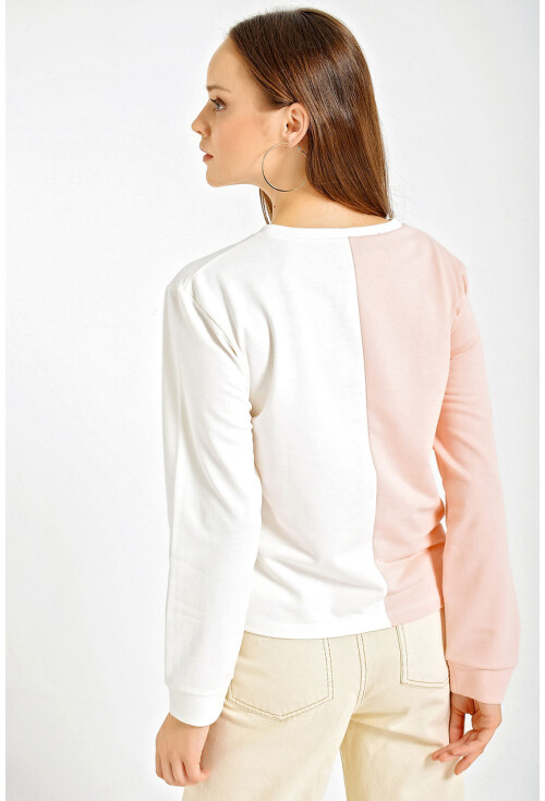 4206 Baskılı Blok Renkli Crop Sweatshirt
