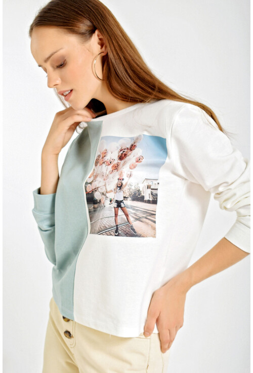 4206 Baskılı Blok Renkli Crop Sweatshirt