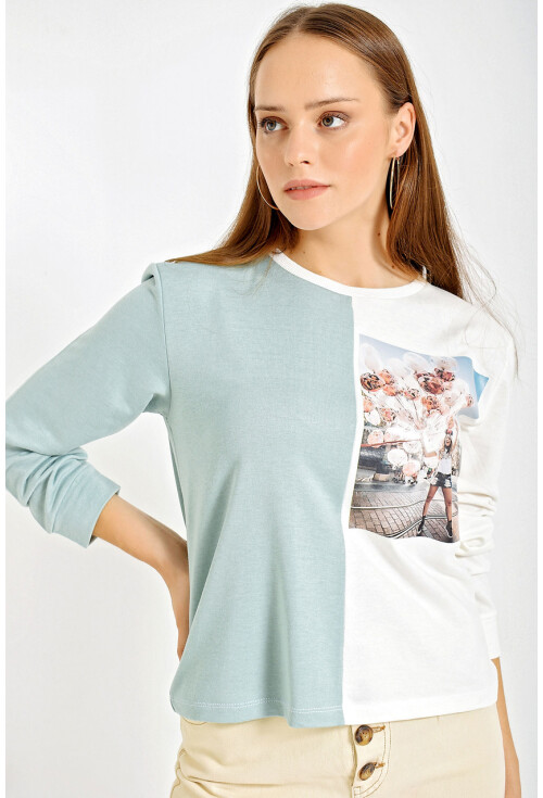 4206 Baskılı Blok Renkli Crop Sweatshirt