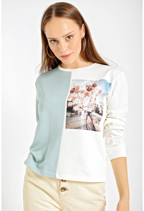 4206 Baskılı Blok Renkli Crop Sweatshirt