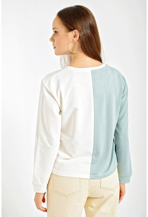 4206 Baskılı Blok Renkli Crop Sweatshirt