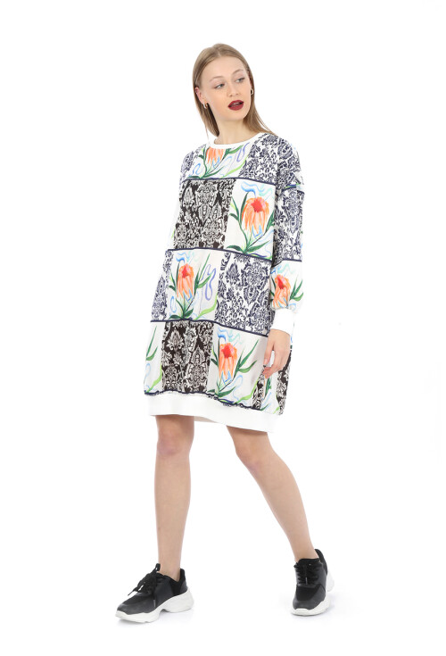 55319 Desenli Oversize Sweat Elbise