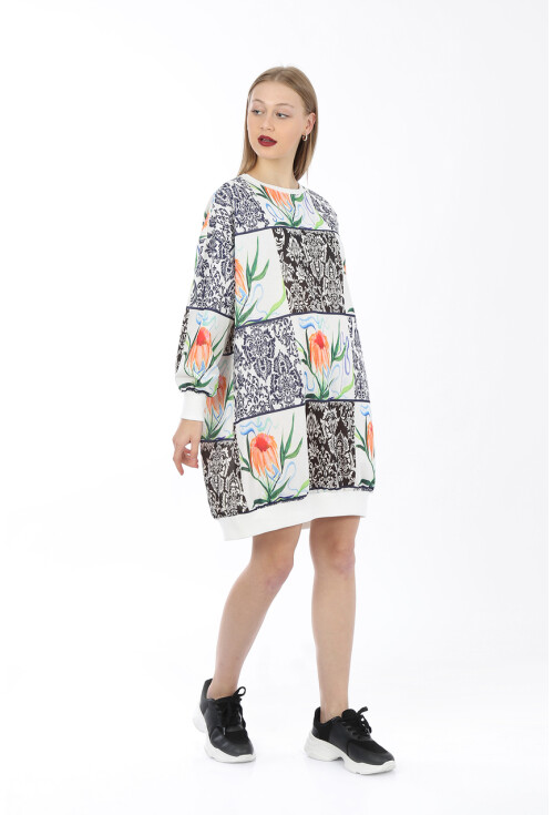 55319 Desenli Oversize Sweat Elbise