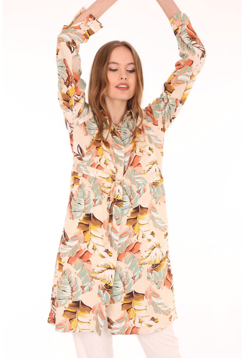 5786 Yaprak Desen Beli Büzgülü Tunik